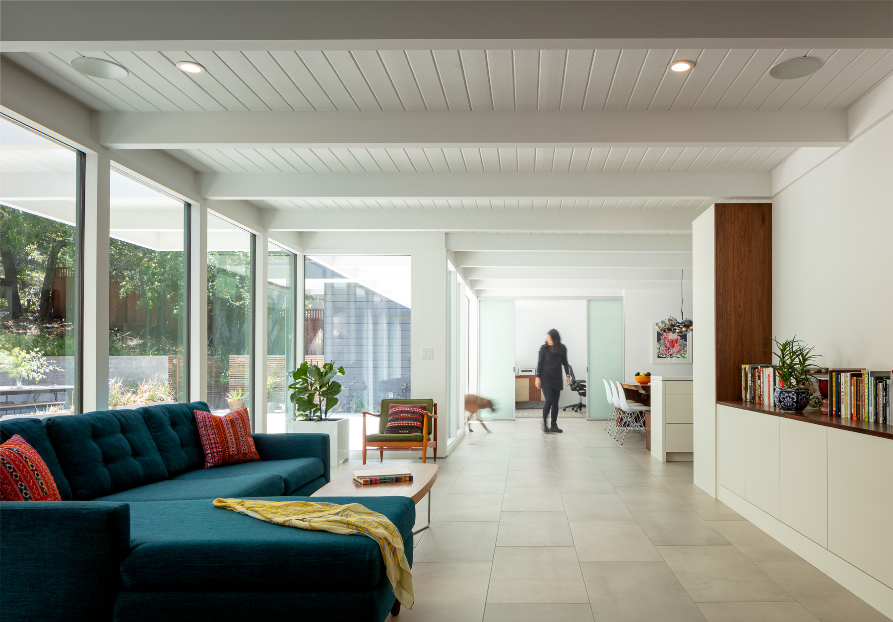 Scott Hargis Interior Design Photographer Mid Century Modern Living Room with woman and dog