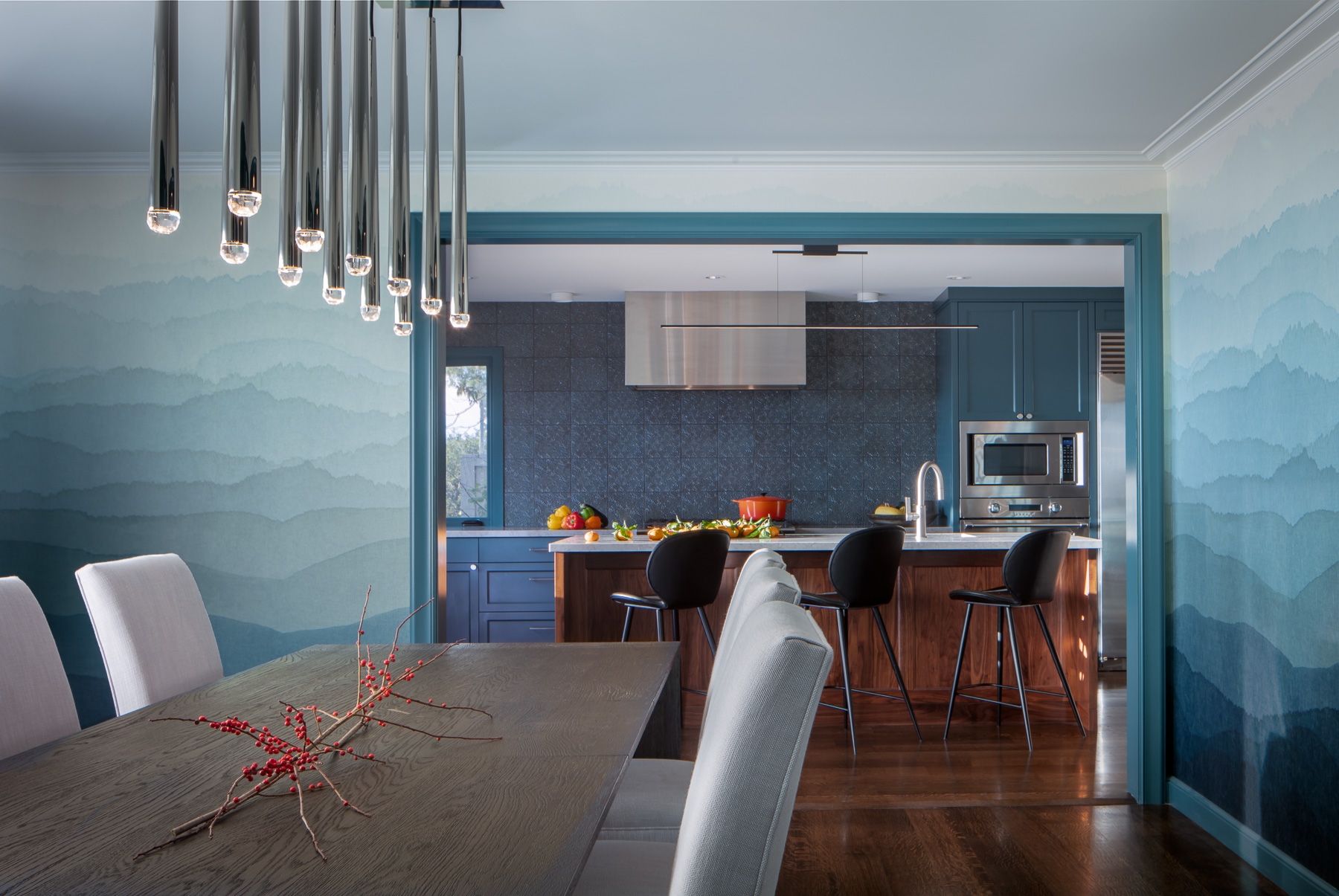 Scott Hargis Interior Design Photographer Dining Room and Kitchen with Blue Wallpaper